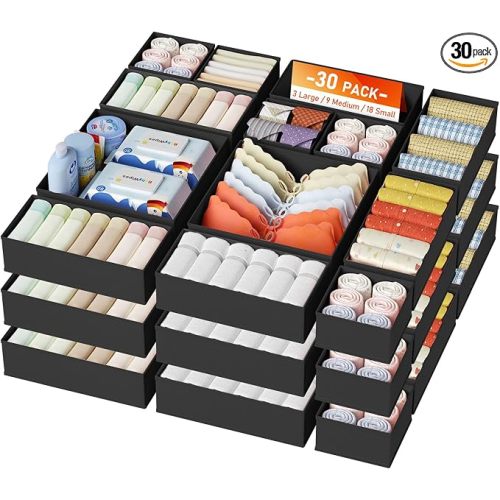 DIMJ Drawer Organizer Clothes, 30 Pack Dresser Organizer, Foldable Closet Organizers and Storage, Fabric Dresser Bins, Drawer Dividers for Nursery, Baby Clothes, Underwears, Sock,Black
