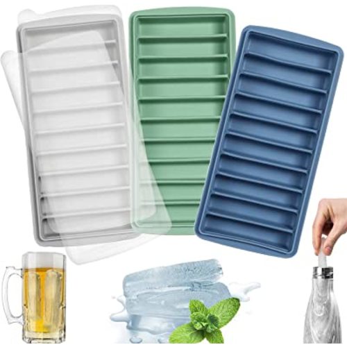 LessMo 3 PCS Ice Cube Tray, Long Ice Stick Tray Silicone with Lid, Rectangular Narrow Stick, Reusable, Flexible, Easy Release, for Small Mouth Sport Bottles, Juice Bottles, Cocktail Parties
