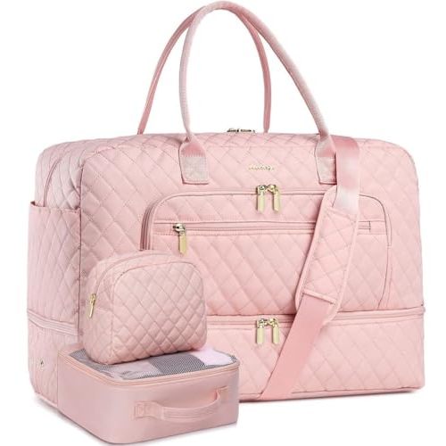 Large Women Travel Duffle Bag - Carry on Overnight Bag Weekend Travel Duffel Tote Gym Bag with Wet Pocket Toiletry Weekender Overnight Bag for Travel Business Trips Sports Hospital Pink 3 Pcs Set