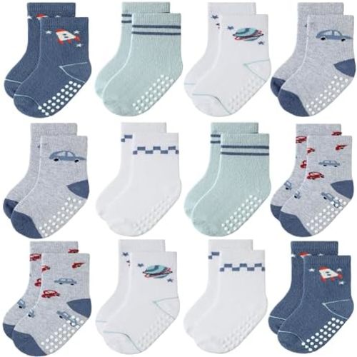 JAKIDAR Baby Toddler Grip Socks, 12 Pairs Non-Slip Crew Cotton Socks for Girls Boys