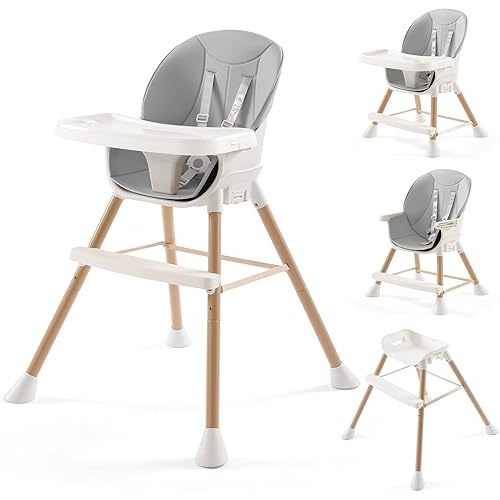 6-in-1 Convertible High Chair for Babies and Toddlers, Baby Feeding with Adjustable Legs &Double Dishwasher Safe Tray, Infants Eating Footrest&Safety Harness Boys Girls,Light Gray