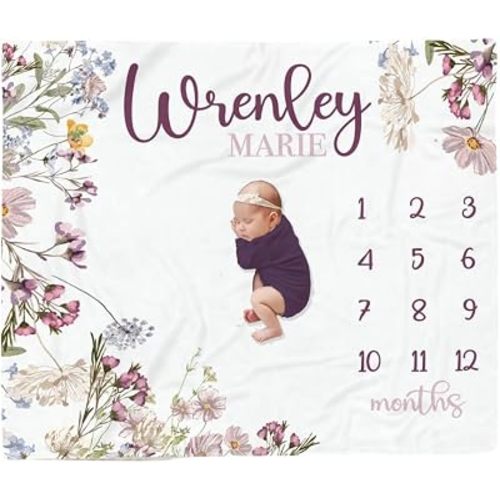 Customized Baby Girl Wildflower Milestone Blanket, Lavender Floral Month Blanket, Personalized Newbrn Girl Milestones Throw