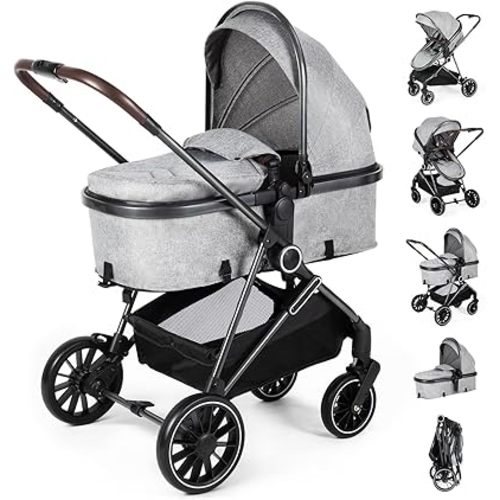 2-in-1 Baby Stroller with Bassinet Mode - Folding Infant Newborn Pram with Reversible Seat - for 0-36 Months Toddler Grey