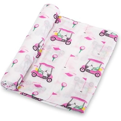 LollyBanks Baby Swaddle Blanket for Girls, 100% Cotton Breathable Muslin Swaddle, Soft and Lightweight 47 x 47 Inches Swaddling Blankets for Newborn, Baby Girl Newborn Essentials (Pink Golf Print)