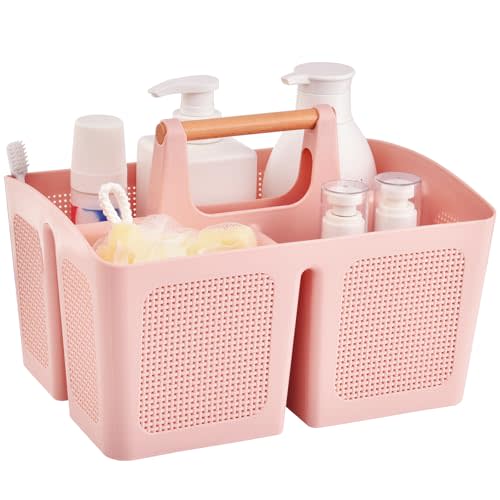 ALINK Portable Shower Caddy Basket with Compartments, Plastic Divided Cleaning Caddy Organizer Storage Tote with Handle for Bathroom, College, Dorm Room Essentials, Pink