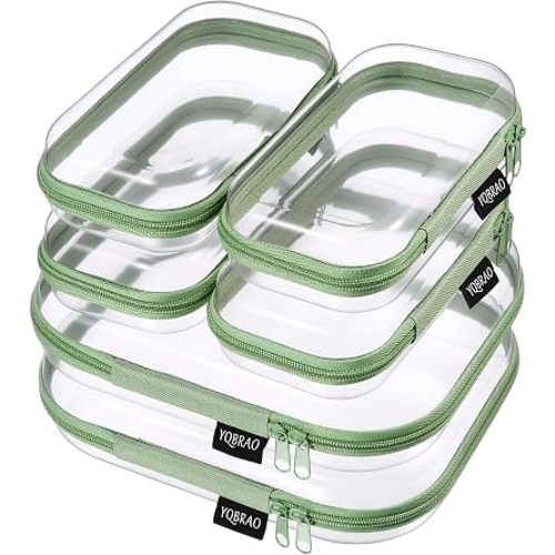 YQBRAO Clear Hard Shell Zipper Cases, 6 Travel Organizers, 2M 4S, Green