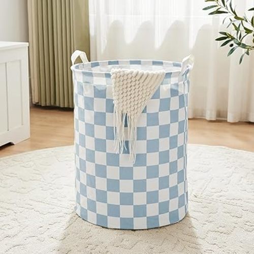 Blue Checkered Laundry Basket, Collapsible Hamper