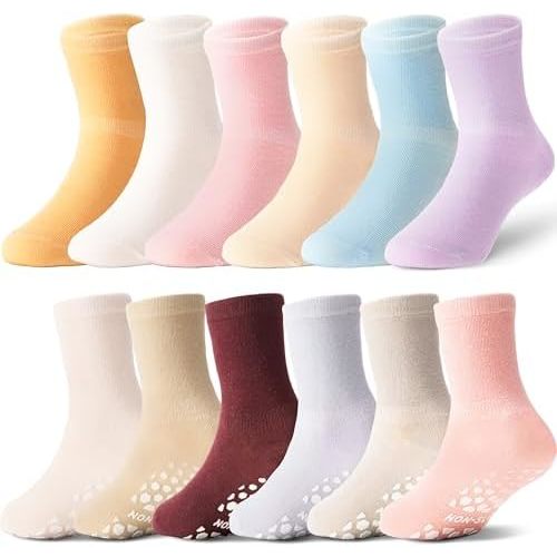 ANTSANG 12 Pairs Baby Girls Boys Toddlers Kids Grips Socks Crew Cotton Non-Slip/Anti-Skid Grips Socks
