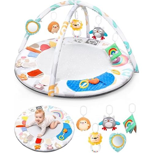 Montessori Baby Play Gym & Activity Mat for Brain Development (0-12Mo) | 5-Sensory Zones + 5 Toys |Portability Tummy Time Activity Mat Stage-Based for Newborn Brain Development Essential & Gift-Ready