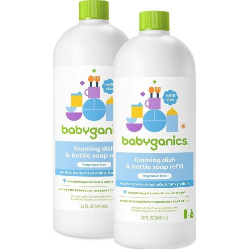 Babyganics Foaming Dish & Bottle Soap, Fragrance Free, Removes Dried Milk, 32 Fl Oz (Pack of 2), Packaging May Vary