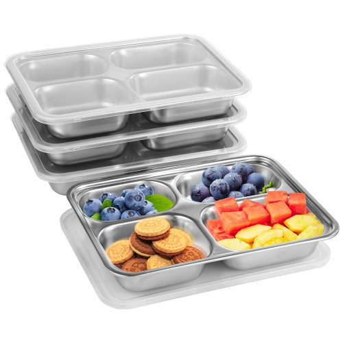 4 Pcs Stainless Steel Snack Containers, Divided Lunch Trays with Lids, 4-compartment Reusable Bento Boxes for Little Ones & Adults, Meal Prep Lunch Containers