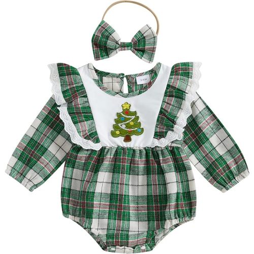 BemeyourBBs Baby Girl Christmas Outfit Ruffle Bubble Romper Long Sleeve Jumpsuit with Bow Headband Cute Newborn Girl Clothes