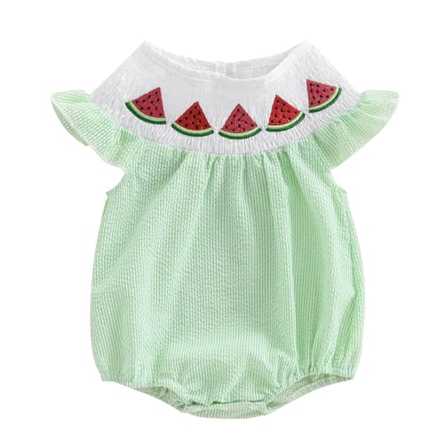 Ayalinggo Newborn Smocked Baby Girl Bubble Romper Sleeveless Ruffle Linen Bodysuit Infant Cherry Fruit Summer Outfit