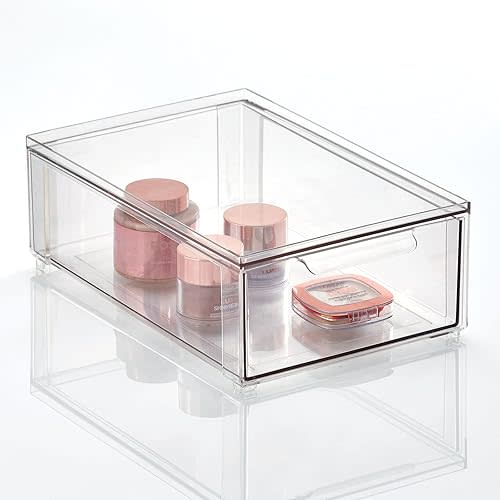 mDesign Wide Plastic Stackable Bathroom Storage Organizer Bin with Pull Out Drawer for Cabinet, Vanity, Shelf, Cupboard, Cabinet, Countertop, Closet Organization - Lumiere Collection - 2 Pack - Clear