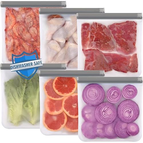 Lerine 6 Pack Reusable Gallon Freezer Bags Dishwasher Safe, BPA Free Reusable 1 Gallon Bags, Leakproof Food Storage Bags for Marinate Meats, Cereal, Vegetables, Home Organization(Grey)