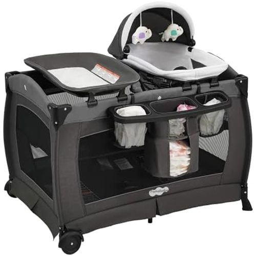 Pamo Babe Pack and Play 4-in-1 Baby Playard with Bassinet & Changing Table, Foldable Portable Playpen with Mattress, Travel Crib for Newborn to Toddler 0-36M-Black