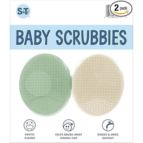 S&T INC. Exfoliating and Massaging Cradle Cap Bath Brushes for Baby, Silicone - 2 Inch x 2.5 Inch, Sage Green & Cream, 2 Pack