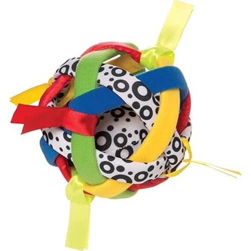 Manhattan Toy Bababall Tactile Sensory Multicolored Fabric Covered Rattle with Satin Ribbons
