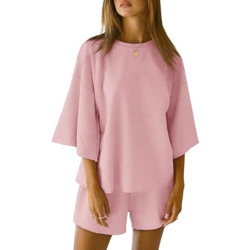 Tankaneo Womens Pajama Sets 3/4 Sleeve Oversized Tops and Elastic Waist Shorts Lounge Sets Loungewear