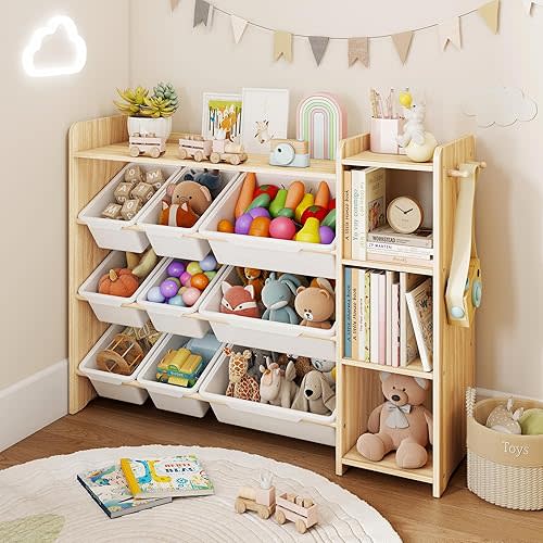 Toy Storage Organizer with Bookshelf, Kids Toy Storage and Organizers with 3 Shelves/9 Bins/3 Hooks, Bin Shelf, Toy Organization for Playroom, Nursery, Bedroom, Toddler Room | Wood & White
