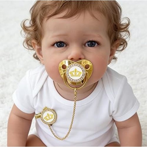 Bling Golden Baby Pacifier BPA Free，Gift Box Package Newborn Rhinestone Silicone Pacifier with Metal Chain Clip (Gold Crown)