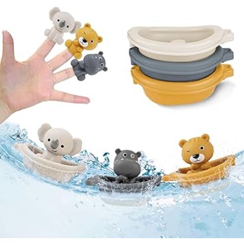 Baby Bath Toy Stackable Infant Bathtub Toys Stacking Floating Boat Train with Animal Finger Puppets Bath Toy Silicone Hand Puppet Educational Beach Toys for Babies Toddlers Party Favors