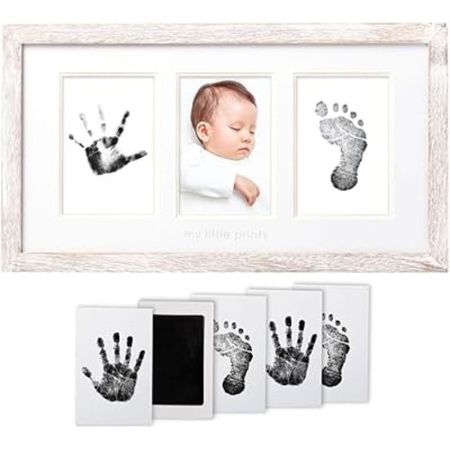 Pearhead My Little Prints Newborn Handprint & Footprint Frame Kit - No Mess Clean Touch Ink Pad, Gender-Neutral Keepsake, Ideal Shower Gift, Nursery Decor, Distressed Wood
