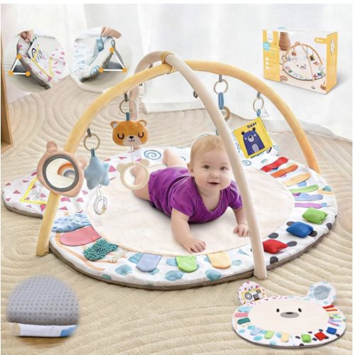 Baby Play Gym, Thickened and Non Slip Activity Mat, 5 Developmental Zones Tummy Time Mat with 5 Detachable Sensory Toys for Motor Skills, Baby Essentials Shower Gift Box(Bear)