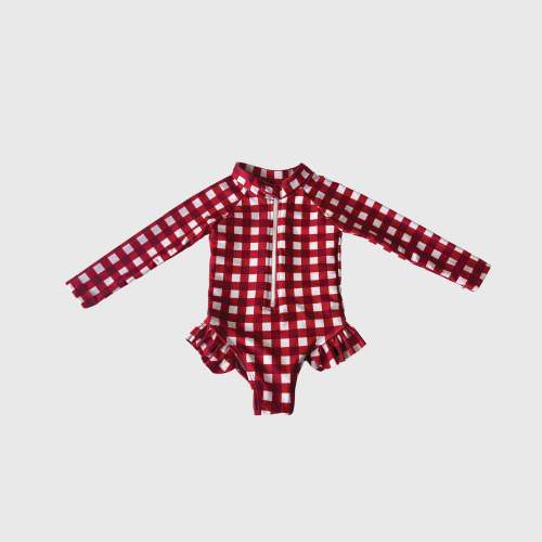 Girl's Long Sleeve Swimsuit | Scarlet Gingham