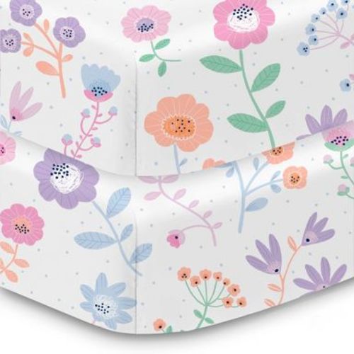 BreathableBaby Cotton Percale Fitted Sheet, For 52" x 28" Crib & Toddler Bed Mattress, Floral Marks (2-Pack)