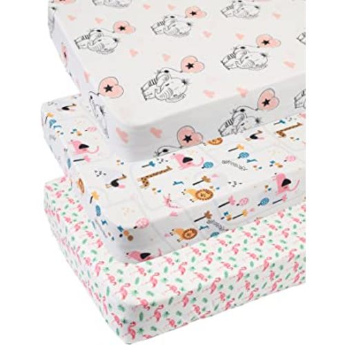 Pack n Play Sheet Stretchy Fitted Portable Mini Crib Sheets Set 3 Pack,Playard Sheets Convertible Playard Mattress Cover,Ultra Soft Jersey Material,Flamingo Elephant & Lion