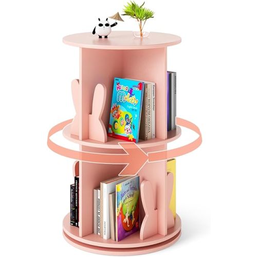Costzon Kids Rotating Bookshelf, 2 Tier Small Book Shelf with Bookends, 360° Display Spinning Bookshelf Tower, Corner Bookshelf for Small Space, Kids Room, Bedroom, Nursery (Pink)