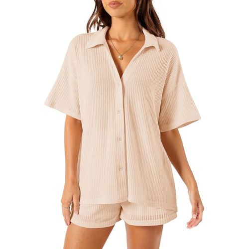 Tankaneo Womens Ribbed Knit 2 Piece Pajama Sets Button Down Short Sleeve Tops and Shorts Set Summer Casual Loungewear Apricot