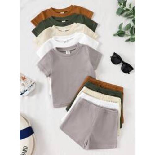 SHEIN Playful Pals 5pcs Toddler Boys Outfits Set, Including 5 Textured Knit Short Sleeve Round Neck Tops And 5 Elastic Waist Textured Knit Shorts. The Top Colors Are Khaki, Light Blue, Army Green, Brown And Black, Matching The Corresponding Short Colors.