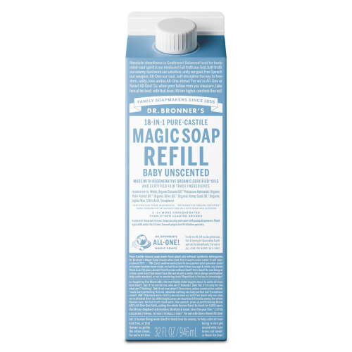 Dr. Bronner's Magic Soap Refill - Baby Unscented - Pure-Castile Liquid Soap Carton - 32 oz – for face, body wash, hands