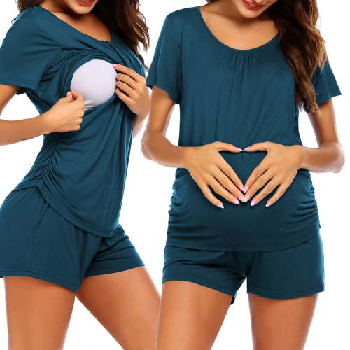 Avidlove Women Maternity Nursing Pajama Set Breastfeeding Sleepwear Set Double Layer Short Sleeve Top and Shorts Set Pregnancy Pjs Set