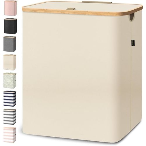 BALEINE Laundry Hamper with Lid, Tall Laundry Baskets with Bamboo Pull Handles, Large Laundry Bin with Internal Support (26 Gal/100L, Beige)