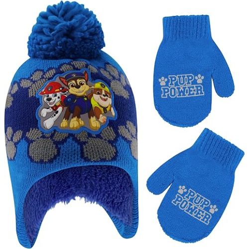 Nickelodeon Boys Winter Hat Set, Paw Patrol's Marshall, Chase and Rubble Toddler Beanie and Mittens for Kids Age 2-4