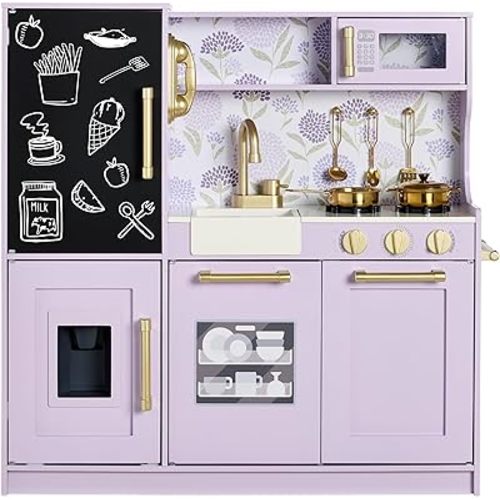 Best Choice Products Wooden Play Kitchen for Kids, Pretend Play Cooking Toy Set with Sink, Oven, Microwave, Refrigerator, Ice Maker & Accessories, Kitchen Playset for Toddlers Ages 3+ - Lavender