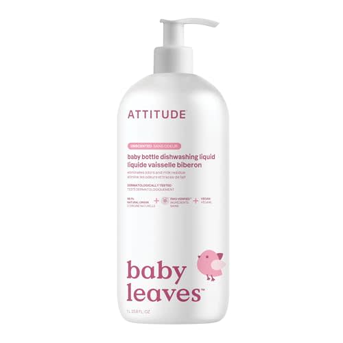 ATTITUDE Baby Bottle & Dish Soap, EWG Verified Bottle Cleaner, Fragrance Free & Dye Free, Removes Milk Residue & Grease, Vegan, Unscented, 33.8 Fl Oz