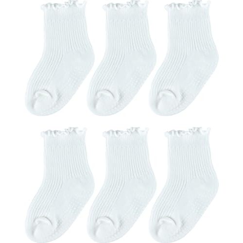 NiceBaby Toddler Ruffle Socks for Girls, 6 Pairs Baby Non-Slip Socks with Grips, Cute Frilly Dress Design