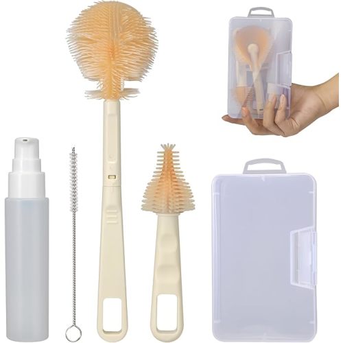 Baby Bottle Brush, VOOWO Portable Travel Bottle Cleaner Kit, Silicone Baby Bottle Cleaner Brush Set with Baby Bottle Brush for Cleaning, Nipple Brush, Straw Cleaner, Bottle Soap Dispenser (White)