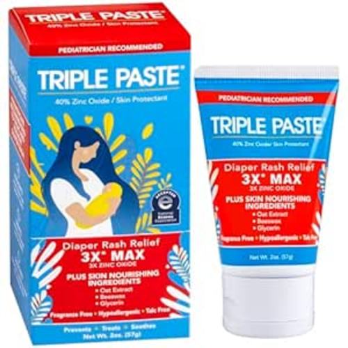 Triple Paste 3X Max Diaper Rash Ointment for Baby, Maximum Strength with 40% Zinc Oxide Ointment for Serious Diaper Rash, 2 oz Tube