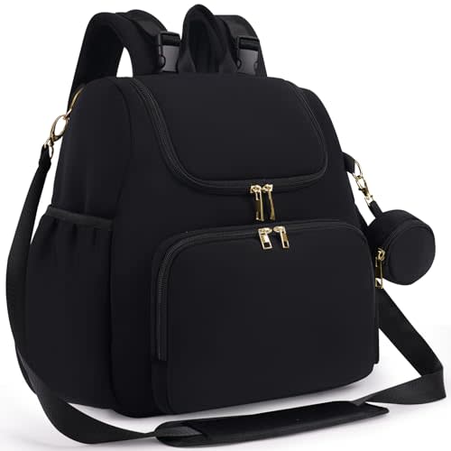 CEI-CEI Small Diaper Bag Backpack Neoprene Baby Maternity Bags Stylish Travel Tote for Mom with Insulated Pockets, Changing Pad, Stowable Shoulder Strap（Black）