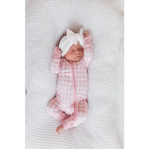 Blush Gingham Zipper Romper – In My Jammers