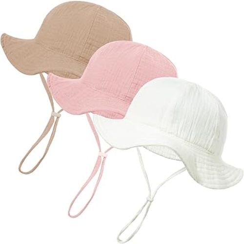 Baby Sun Hat Muslin 3 Pack, UPF 50+ Sun Protection Baby Bucket Hat Adjustable Summer Beach Hats with Wide Brim for Boys Girls Infant Kids