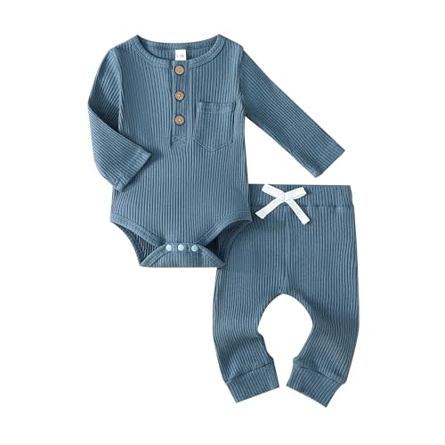 EVERGIFTKIDS Newborn Baby Boy Girl Clothes Ribbed Knit Cotton Long Sleeve Romper Long Pant Preemie Solid Color Unisex Outfits