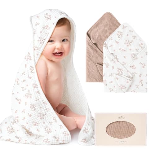 Konssy 2-Pack 100% Muslin Cotton Hooded Baby Bath Towels for Boys and Girls | 32 x 32 In, Ultra-Soft & Absorbent, Bath Towels With Hooded for Infants Newborns Toddlers, Machine Washable (Taupe, Blooms)