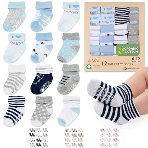 Organic Cotton GOTS Certified Baby Socks Newborn Socks 12 Pairs - (6-12 Months) – Soft And Comfortable Babies Grip Sock, Premium Newborn Baby Sock, Gift For Little Boys