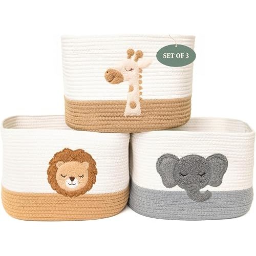Safari Nursery Storage Baskets Set of 3, Cotton Rope Shelf Bins, 13x10x9 in